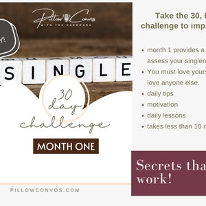 Op de afbeelding: Een digitale downloadafbeelding voor een 30-daagse single challenge. De afbeelding heeft een witte achtergrond met een roze hartvorm en de woorden "Single 30 day challenge" in zwarte tekst. De afbeelding bevat ook de woorden "Month One" en "Pillow Convos" in zwarte tekst. De afbeelding is omgeven door een donkerrode rand.