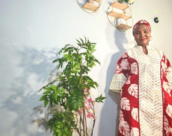 Handgefertigter Afrikanischer Adire Bubu Kaftan mit Schal