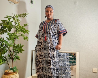 Handgefertigter Afrikanischer Adire Boubou Kaftan, Aus Baumwolle aus Nigeria