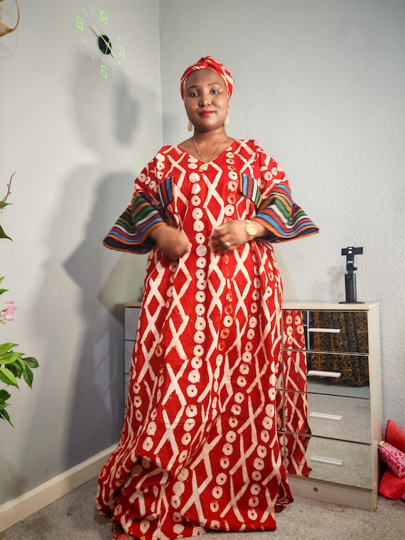 Handmade African Adire Bubu Kaftan with Scarf (Length Adjustment)