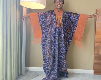Handgemachtes Afrikanisches Adire Boubou: Baumwolle Aso Oke Kleid mit Schal. Erhältlich in 4xgroß