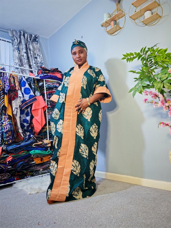 Handmade African Adire Cotton Boubou Kaftan with Scarf (2XL)
