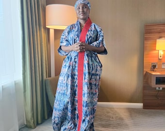 Handgefertigter Afrikanischer Adire Boubou Kaftan: Aso Oke Design, 100% Baumwolle