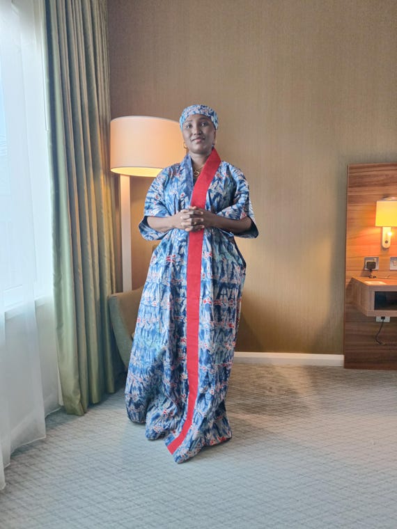 Handmade African Adire Boubou Kaftan: Aso Oke Design, 100% Cotton