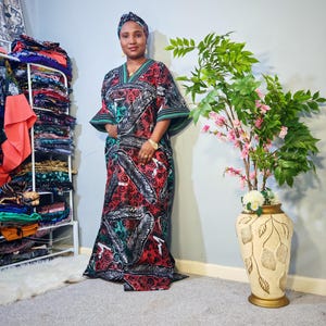 Handgjord afrikansk Adire bomullsboubou kaftan - Aso Oke-design. Finns i XLarge