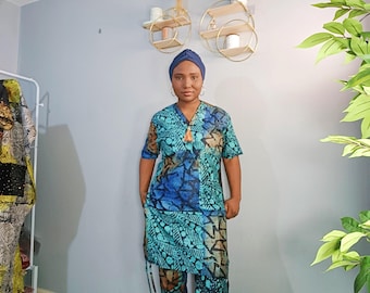 Adire Zweiteiler-Set: Nigerianisches Tie Dye-Oberteil & Hose mit Schal