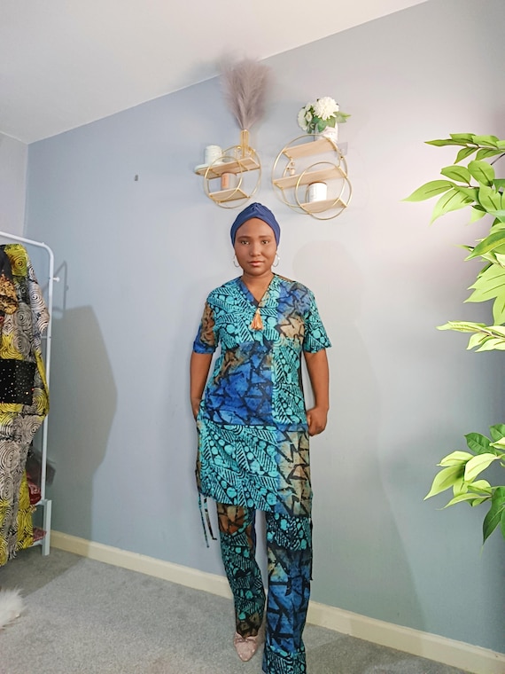 Adire Two Piece Set: Nigerian Tie Dye Top & Trousers with Scarf