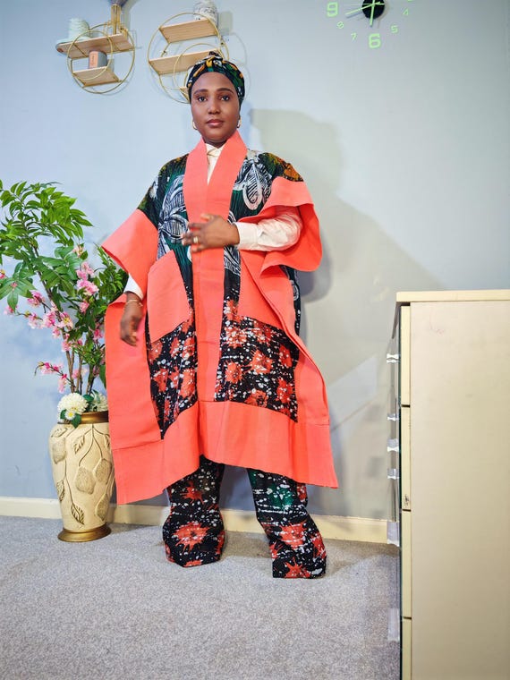 Handmade Adire Kimono Set: Cotton Aso Oke Pockets & Scarf
