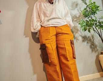 Ethno gestreifte Handgewebte Aso Oke Cargohose. Breite Beine. Patchworkhose. Nigerianischen Streetstyle. Trend Hose . Länge 102cm.