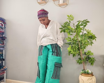 Unisex Aso Oke Handgewebte Cargohose: Ethno Patchwork Weites Bein