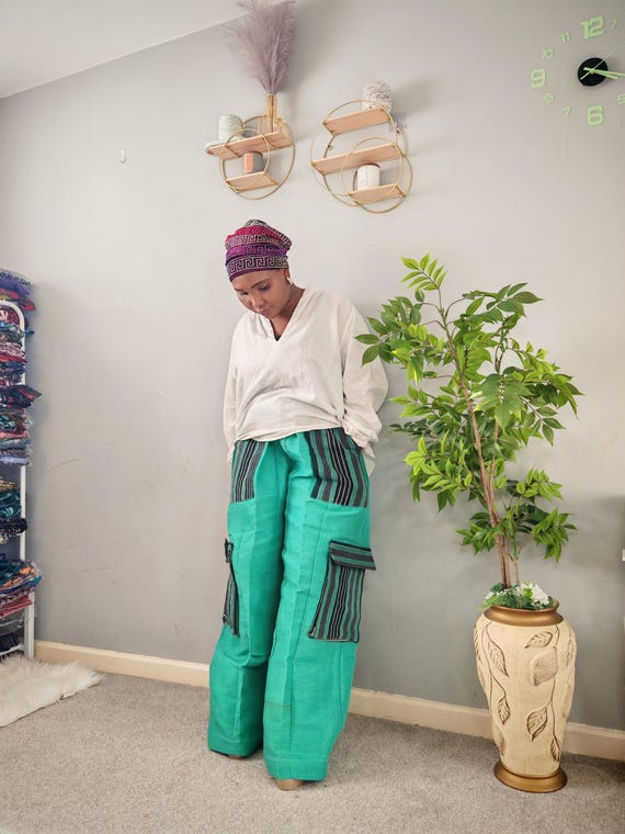 Unisex Aso Oke Handwoven Cargo Pants: Ethnic Patchwork Wide Leg