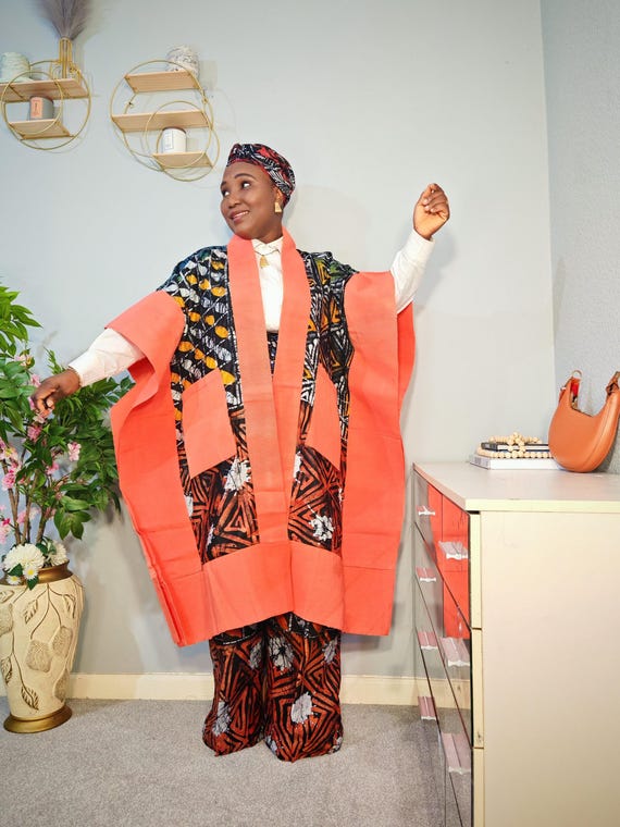 Handmade Adìrẹ Cotton Kimono Set: Aso Oke Pockets, Nigerian Design view 2