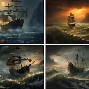 Op de afbeelding: Vier digitale schilderijen van zeilschepen op een stormachtige zee. De schepen zijn allemaal vergelijkbaar in ontwerp, met hoge masten en witte zeilen. De zee is ruw en de lucht is donker en stormachtig. De schilderijen zijn allemaal in een vergelijkbare stijl, met de nadruk op realisme en detail.