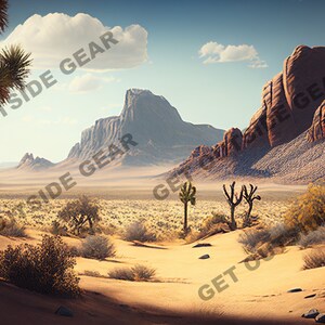 May include: A desert landscape with red rock formations, a blue sky with white clouds, and a variety of desert plants, including Joshua trees.