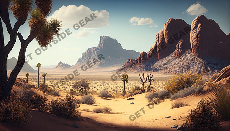 May include: A desert landscape with red rock formations, a blue sky with white clouds, and a variety of desert plants, including Joshua trees.