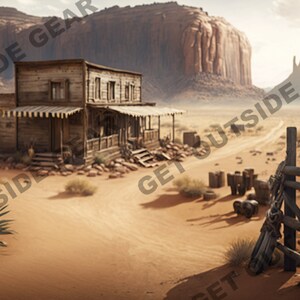 May include: A wooden building with a porch and a striped awning sits in a desert landscape. The building is surrounded by sand and a few bushes. There are red rock formations in the background.