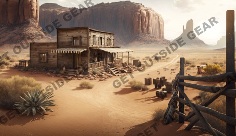 May include: A wooden building with a porch and a striped awning sits in a desert landscape. The building is surrounded by sand and a few bushes. There are red rock formations in the background.