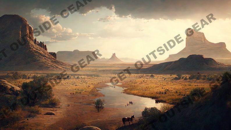 May include: A scenic view of a desert landscape with a winding river in the foreground. The river is surrounded by dry, brown grass and a few trees. In the distance, there are tall, red rock formations. The sky is a hazy blue with a few clouds.