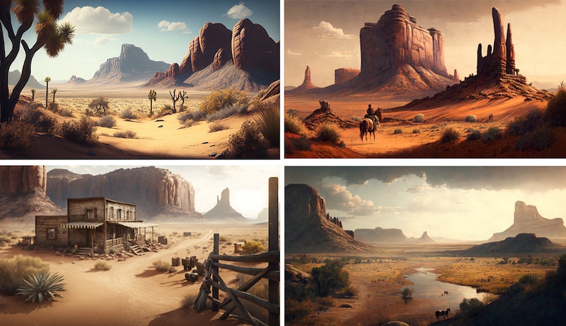 May include: A scenic view of a desert landscape with red rock formations, a dirt road, and a wooden fence. The sky is blue with white clouds.