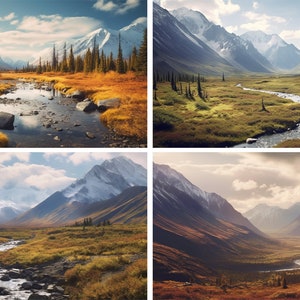 May include: A winding river flows through a valley surrounded by snow-capped mountains. The valley is covered in a mix of green and brown grasses and foliage. The sky is a bright blue with white clouds.