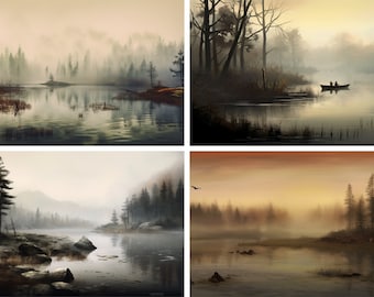 Misty Lake Landscape Art Prints, Realistic Style (Digital Download)
