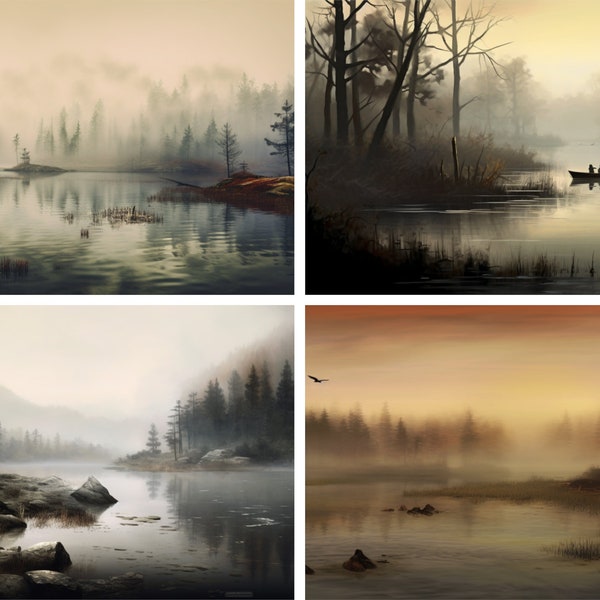 Misty Lake Digital Print 4-Pack, Lake Landscape Background, Lake Background, Custom Designs, Custom Artwork, Instant Download, Landscapes