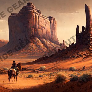 May include: A lone cowboy rides a brown horse through a desert landscape with towering red rock formations in the background.