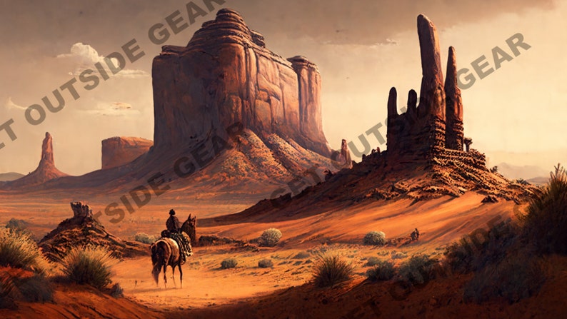 May include: A lone cowboy rides a brown horse through a desert landscape with towering red rock formations in the background.