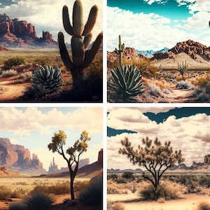 Pode incluir: Uma colagem de quatro paisagens desérticas com vários cactos, arbustos e formações rochosas. As imagens mostram a beleza do ambiente desértico.