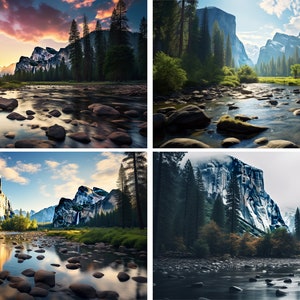 Yosemite National Park Digital Art 4er-Pack, Yosemite Landschaft Hintergrund, Yosemite Hintergrund, Custom Design, Custom Artwork, National Park