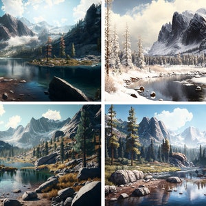 May include: Four images of a mountain lake scene with different seasons. The first image shows the lake in the summer with green trees and blue water. The second image shows the lake in the winter with snow-covered trees and a frozen lake. The third image shows the lake in the fall with yellow and orange trees. The fourth image shows the lake in the spring with green trees and a clear blue sky.