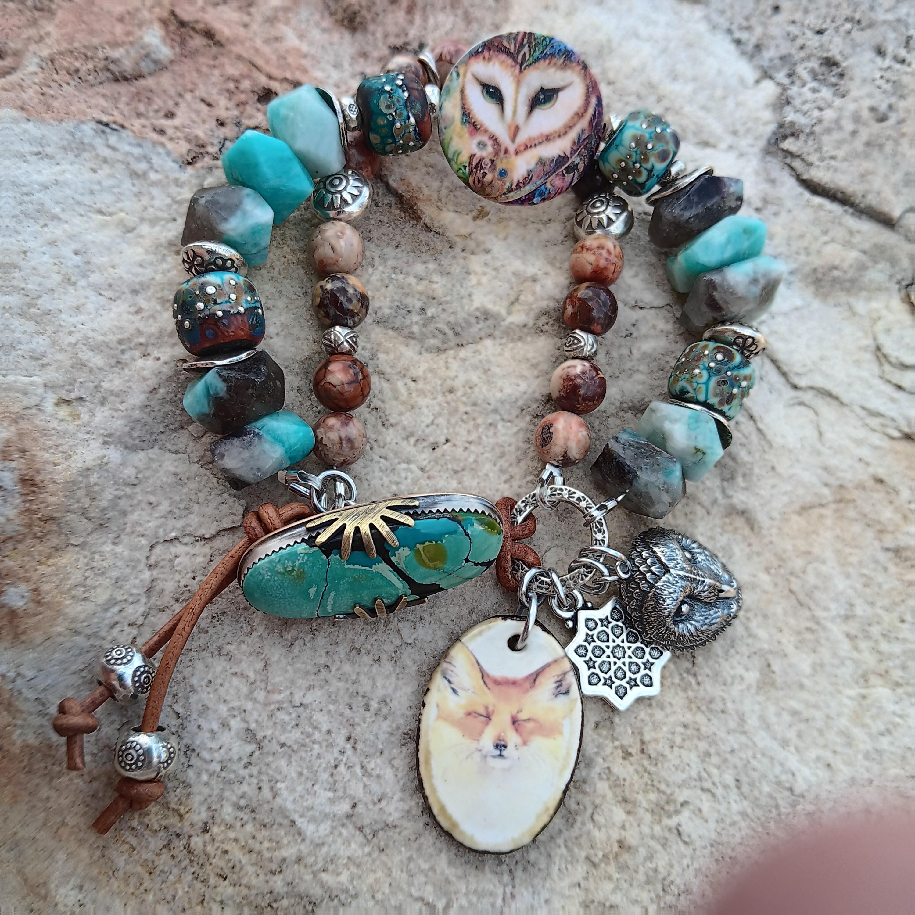 Artisan Boho Bracelet,Woodland Whispers, Nature Inspired, Owl Jewelry,One of a Kind