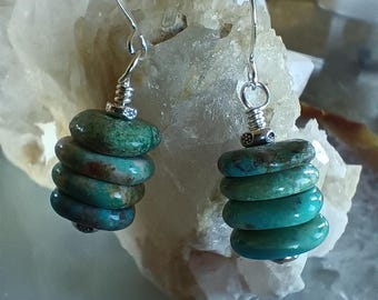 Handmade Hubei Turquoise Heishi Earrings: Hill Tribe Silver Dangles