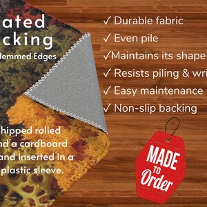 May include: A rug with a colorful, textured design, featuring a coated backing and hemmed edges. The image highlights durable fabric, even pile, shape retention, wrinkle resistance, easy maintenance, and non-slip backing. The tag says "Made to Order."