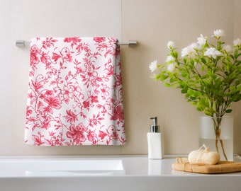 Essuie-mains toile de Jouy rose, décoration de salle de bain en toile française, serviette invité floral rose, serviettes de bain, cadeau de pendaison de crémaillère - PRD_192