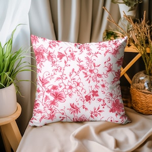 Pink Toile De Jouy Throw Pillow, French Country Pillow Cover, Chinoiserie Flower Pillow Gift, French Provincial Decorative Pillows - PRD_191