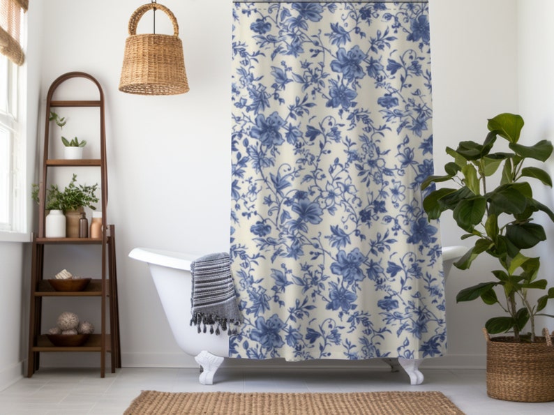 Blue Toile De Jouy Shower Curtain, Floral Shower Curtain, Shower