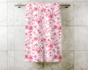 Pink Toile De Jouy Bath Towel, Guest Towel, Decorative Towel, Flower Shower Towel Set, Toile Towel, Housewarming Gift - PRD_190