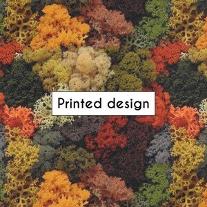 May include: A colorful printed design featuring a dense pattern of various plant-like forms in shades of green, yellow, orange, red, and brown. The text "Printed design" is displayed in a white rectangle.