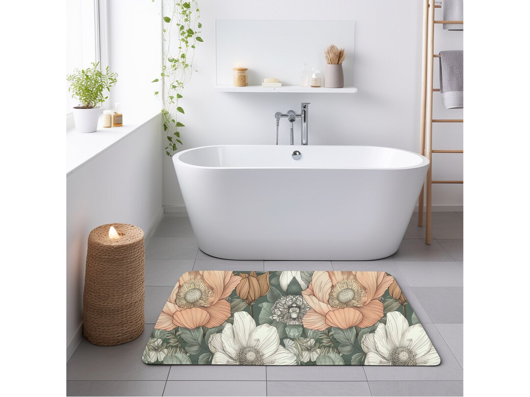 Peach Floral Boho Bath Mat, Decorative Bath Mat, Memory Foam Bath Mat ...