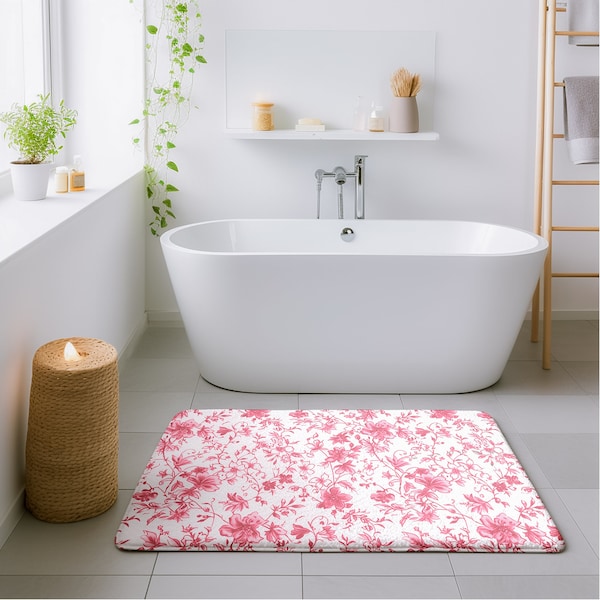 Pink Toile De Jouy Bath Mat, Floral Memory Foam Bath Mat, Cute Toile Bath Mat Set, Unique Floral Bathroom Rug, Housewarming Gift - PRD_193