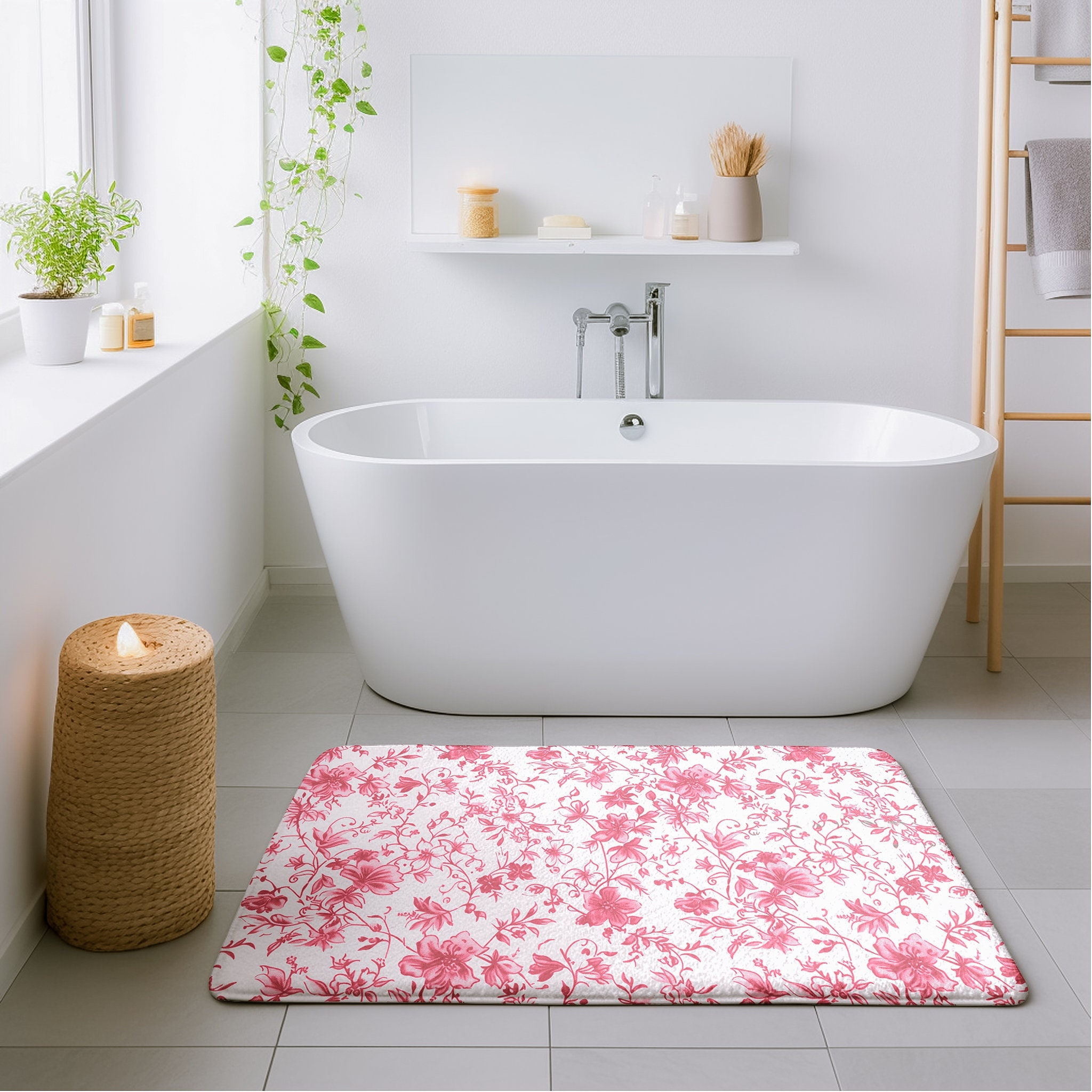 Pink Toile De Jouy Bath Mat, Floral Memory Foam Bath Mat, Cute Toile ...