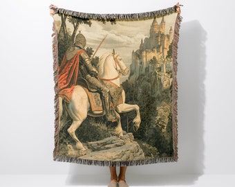 Medieval Blanket, Knight Tapestry Throw, King Arthur Tapestry Blanket, Gothic Woven Blanket, Fathers Day Gift, Medieval Decor - PRD_189