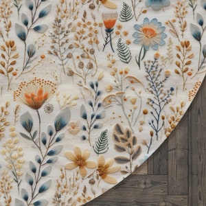 Floral Round Area Rug, Boho Flowers Round Floor Mat, Cottagecore Round Carpet for Living Room, Wildflowers Round Rug Faux Embroidery
