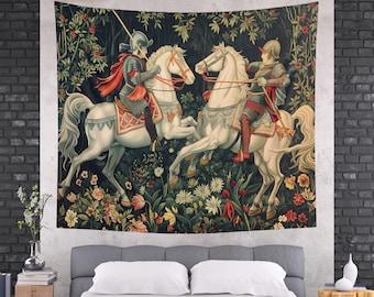 Tapisserie murale vintage avec château médiéval et cheval