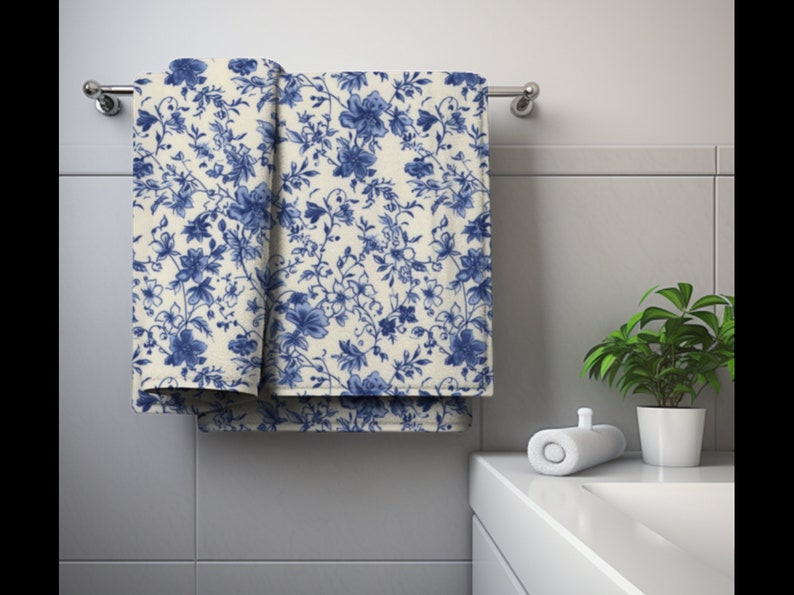 Blue Toile De Jouy Hand Towel, French Toile Bathroom Decor, Floral Hand