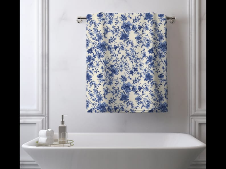 Blue Toile De Jouy Hand Towel, French Toile Bathroom Decor, Floral Hand