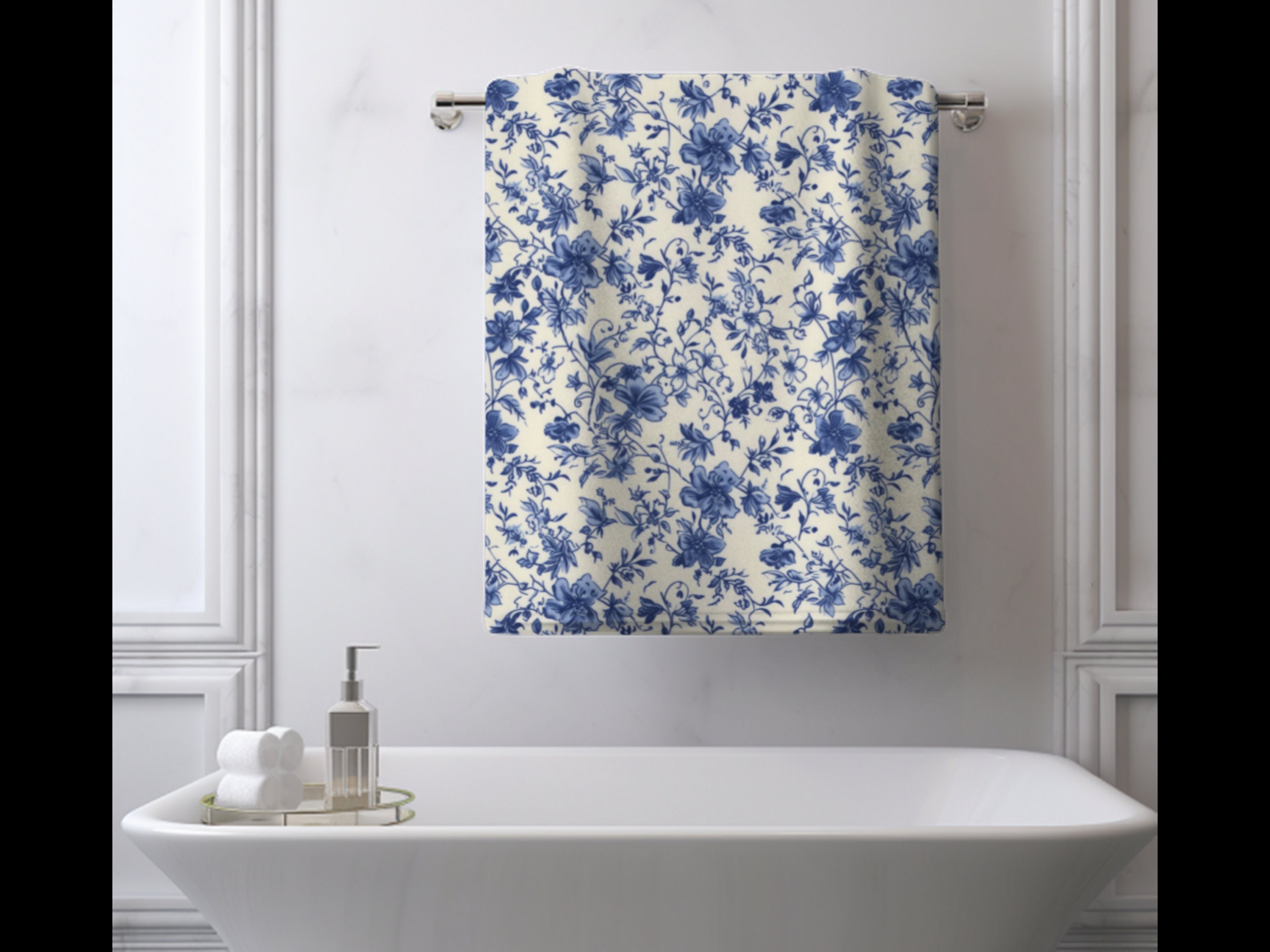 Blue Toile De Jouy Hand Towel, French Toile Bathroom Decor, Floral Hand ...