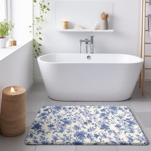 Blue Toile De Jouy Bath Mat, Floral Bath Mat, Toile Bath Mat Set, Cute Bath Mat, Floral Bathroom Rug, Memory Foam Bath Mat, Unique Bath Mat