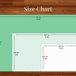 May include: Size chart with three rectangles of different sizes. The largest is 72 inches by 48 inches, the medium is 60 inches by 36 inches, and the smallest is 36 inches by 24 inches. The text "Size Chart" is at the top.
